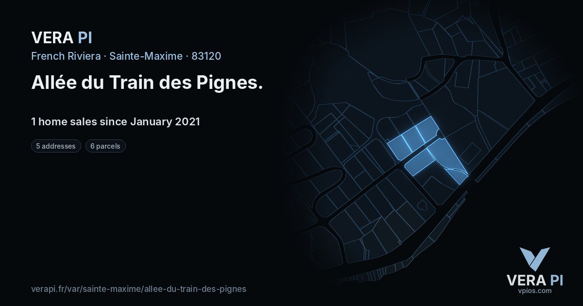 Allée du Train des Pignes, Sainte-Maxime at night – every parcel coloured by the prices around it, the street's own parcels lit