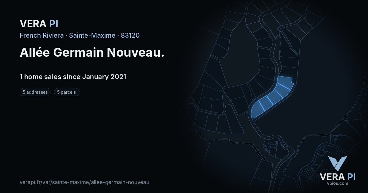 Allée Germain Nouveau, Sainte-Maxime at night – every parcel coloured by the prices around it, the street's own parcels lit