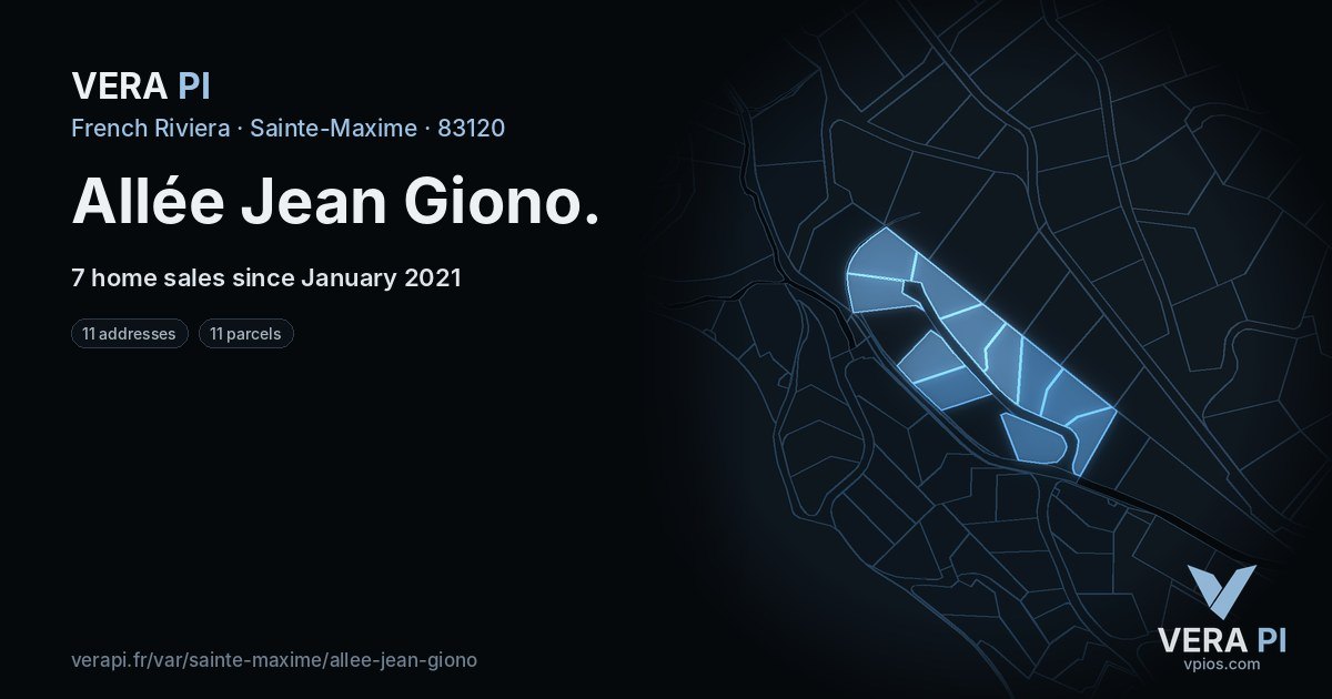 Allée Jean Giono, Sainte-Maxime at night – every parcel coloured by the prices around it, the street's own parcels lit
