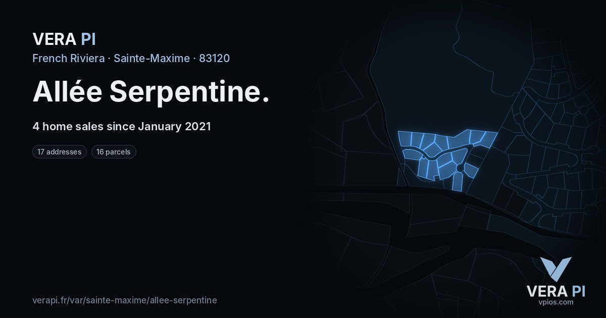 Allée Serpentine, Sainte-Maxime at night – every parcel coloured by the prices around it, the street's own parcels lit