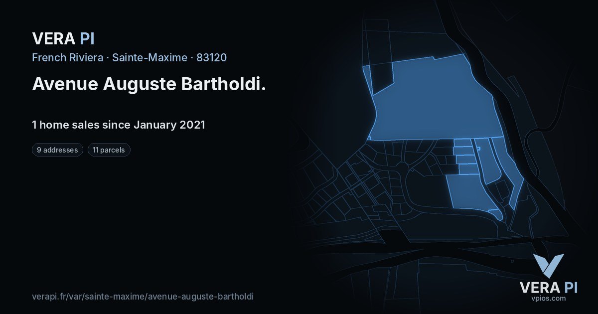 Avenue Auguste Bartholdi, Sainte-Maxime at night – every parcel coloured by the prices around it, the street's own parcels lit