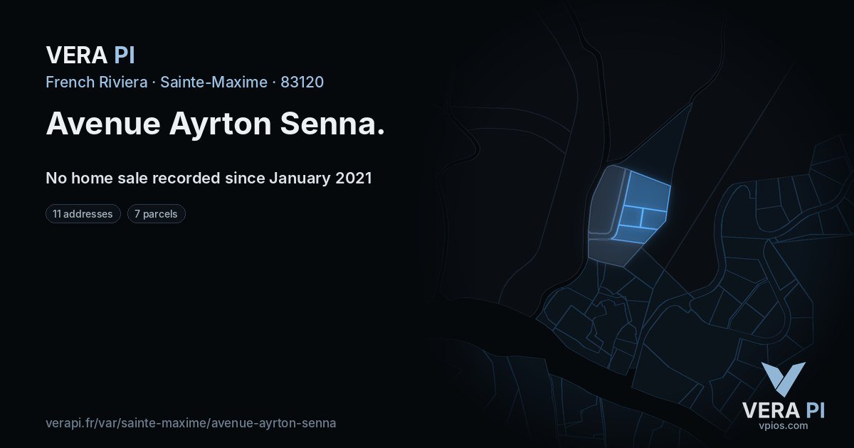 Avenue Ayrton Senna, Sainte-Maxime at night – every parcel coloured by the prices around it, the street's own parcels lit