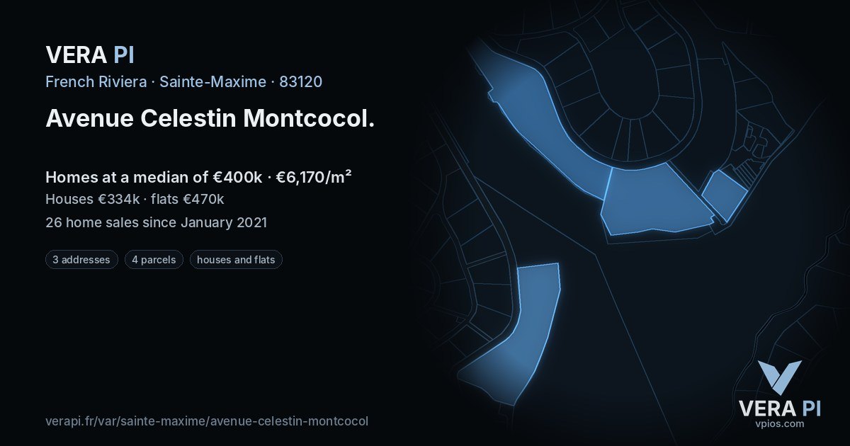 Avenue Celestin Montcocol, Sainte-Maxime at night – every parcel coloured by the prices around it, the street's own parcels lit