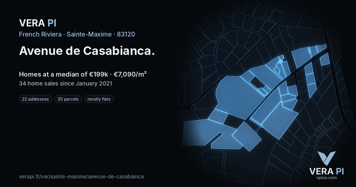 Avenue de Casabianca, Sainte-Maxime at night – every parcel coloured by the prices around it, the street's own parcels lit