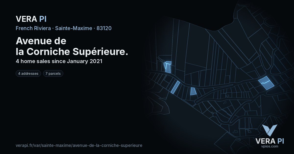 Avenue de la Corniche Supérieure, Sainte-Maxime at night – every parcel coloured by the prices around it, the street's own parcels lit