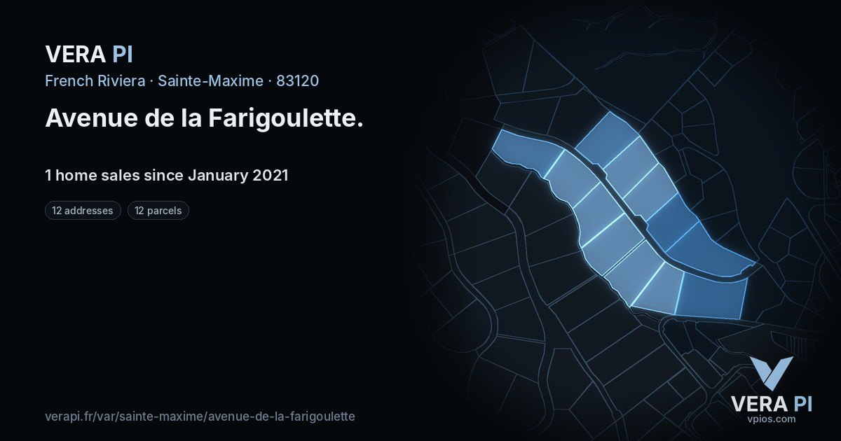 Avenue de la Farigoulette, Sainte-Maxime at night – every parcel coloured by the prices around it, the street's own parcels lit