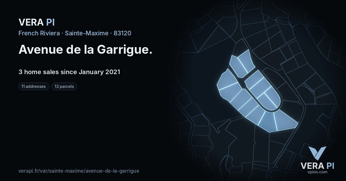 Avenue de la Garrigue, Sainte-Maxime at night – every parcel coloured by the prices around it, the street's own parcels lit
