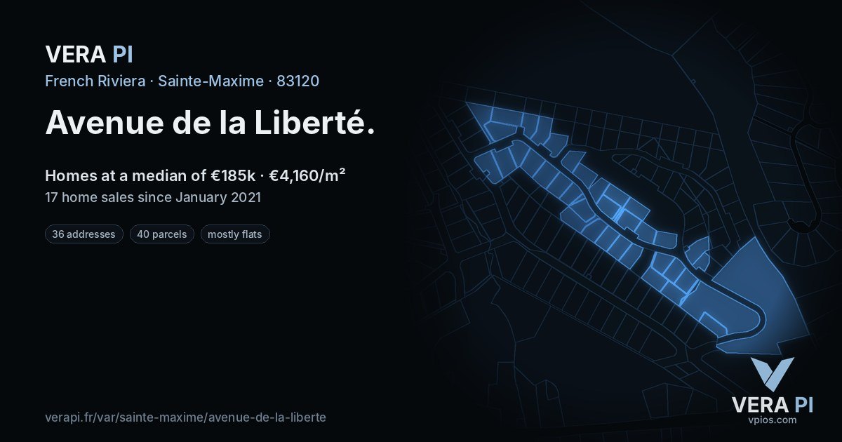 Avenue de la Liberté, Sainte-Maxime at night – every parcel coloured by the prices around it, the street's own parcels lit