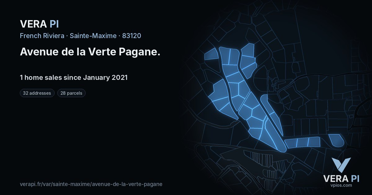 Avenue de la Verte Pagane, Sainte-Maxime at night – every parcel coloured by the prices around it, the street's own parcels lit