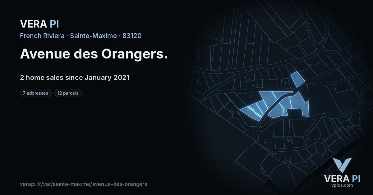 Avenue des Orangers, Sainte-Maxime at night – every parcel coloured by the prices around it, the street's own parcels lit