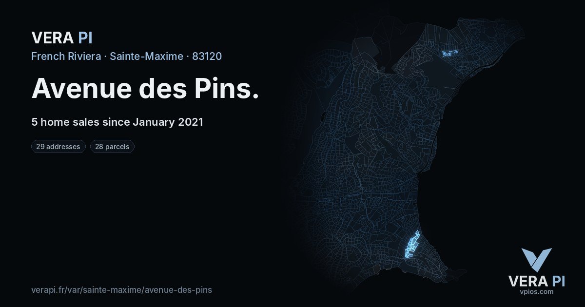 Avenue des Pins, Sainte-Maxime at night – every parcel coloured by the prices around it, the street's own parcels lit