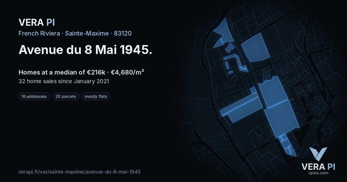 Avenue du 8 Mai 1945, Sainte-Maxime at night – every parcel coloured by the prices around it, the street's own parcels lit