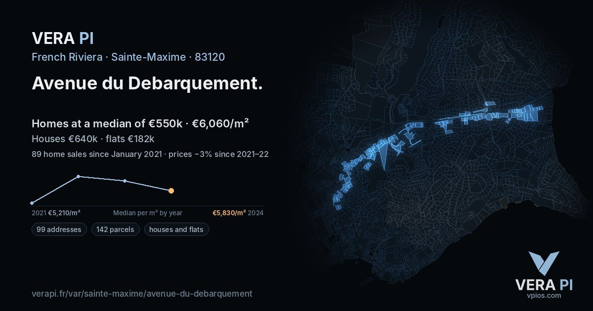 Avenue du Debarquement, Sainte-Maxime at night – every parcel coloured by the prices around it, the street's own parcels lit