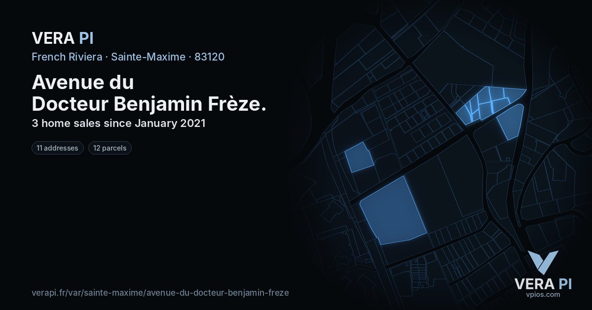 Avenue du Docteur Benjamin Frèze, Sainte-Maxime at night – every parcel coloured by the prices around it, the street's own parcels lit