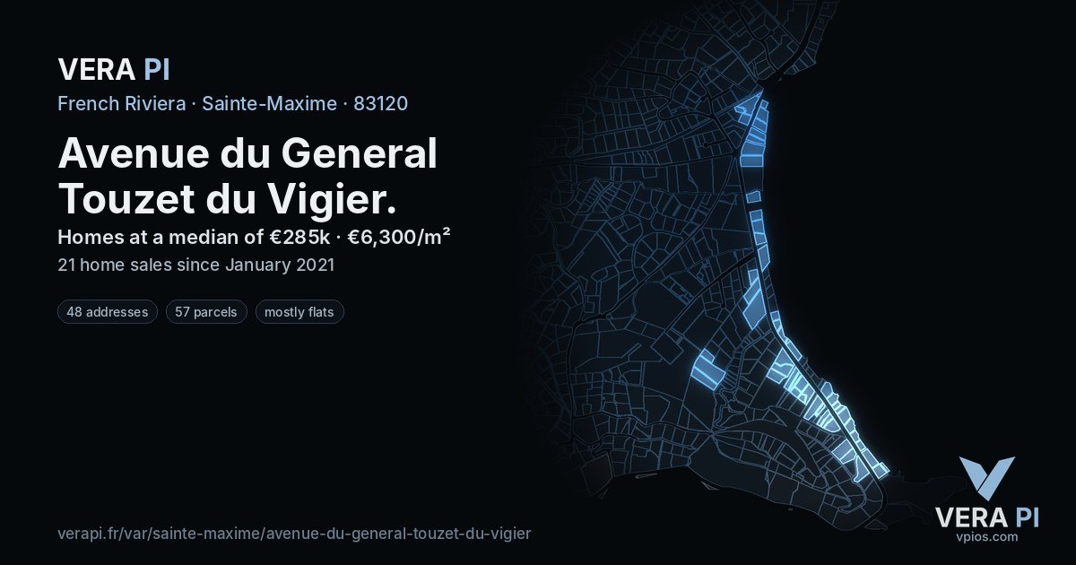 Avenue du General Touzet du Vigier, Sainte-Maxime at night – every parcel coloured by the prices around it, the street's own parcels lit