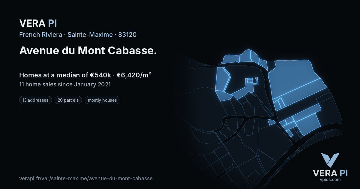 Avenue du Mont Cabasse, Sainte-Maxime at night – every parcel coloured by the prices around it, the street's own parcels lit