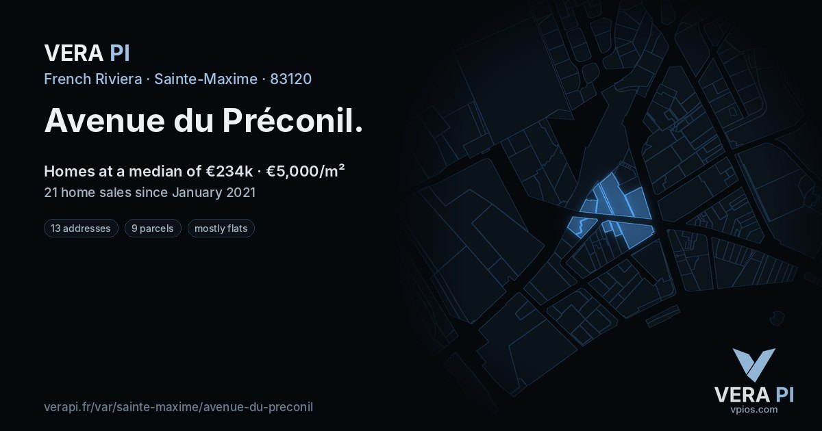 Avenue du Préconil, Sainte-Maxime at night – every parcel coloured by the prices around it, the street's own parcels lit