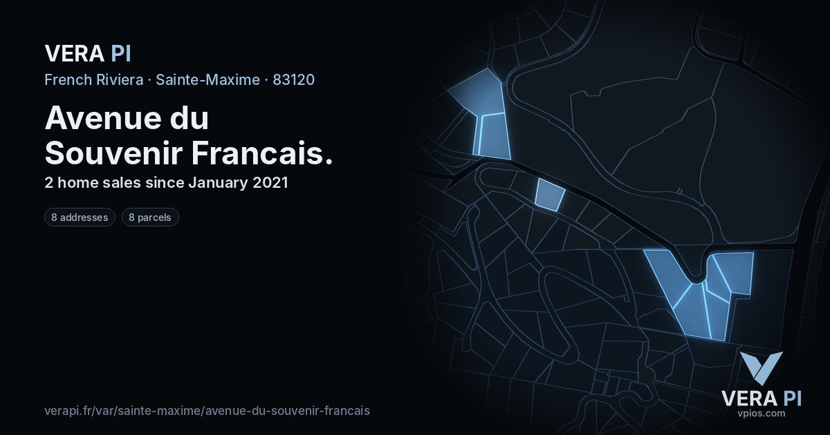 Avenue du Souvenir Francais, Sainte-Maxime at night – every parcel coloured by the prices around it, the street's own parcels lit