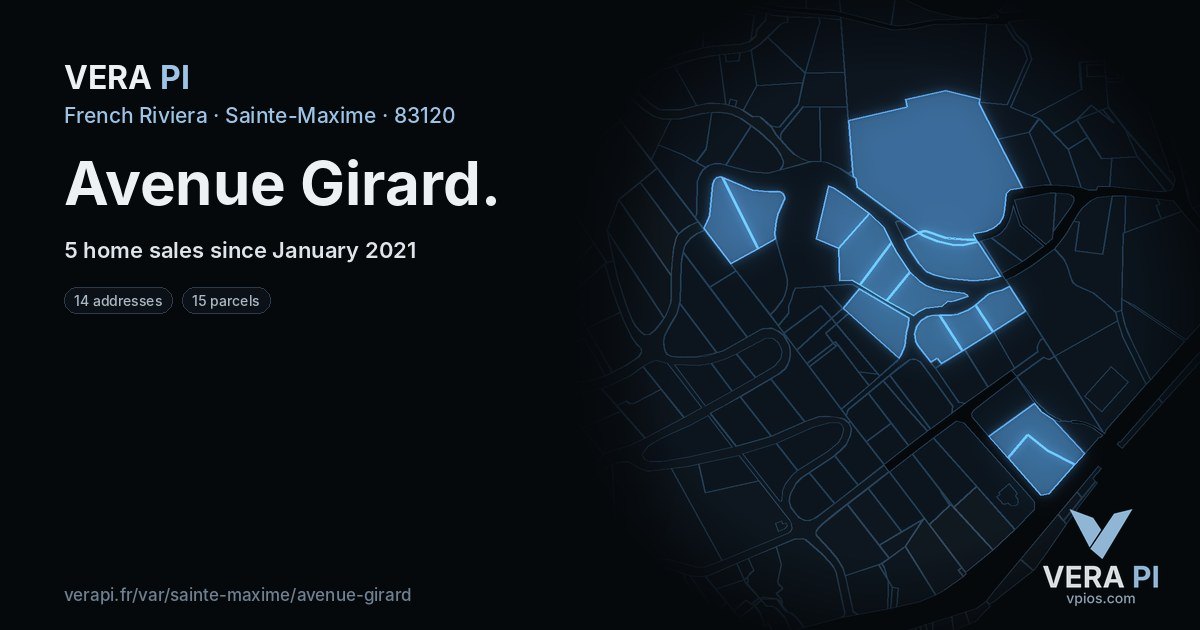 Avenue Girard, Sainte-Maxime at night – every parcel coloured by the prices around it, the street's own parcels lit