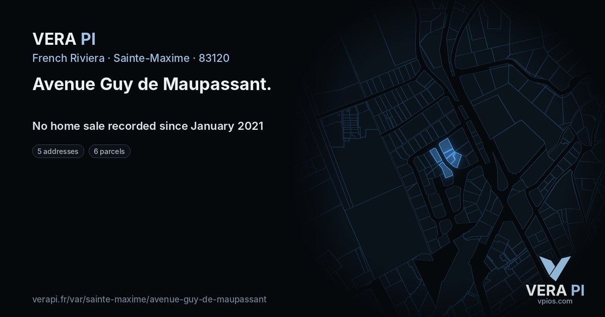 Avenue Guy de Maupassant, Sainte-Maxime at night – every parcel coloured by the prices around it, the street's own parcels lit