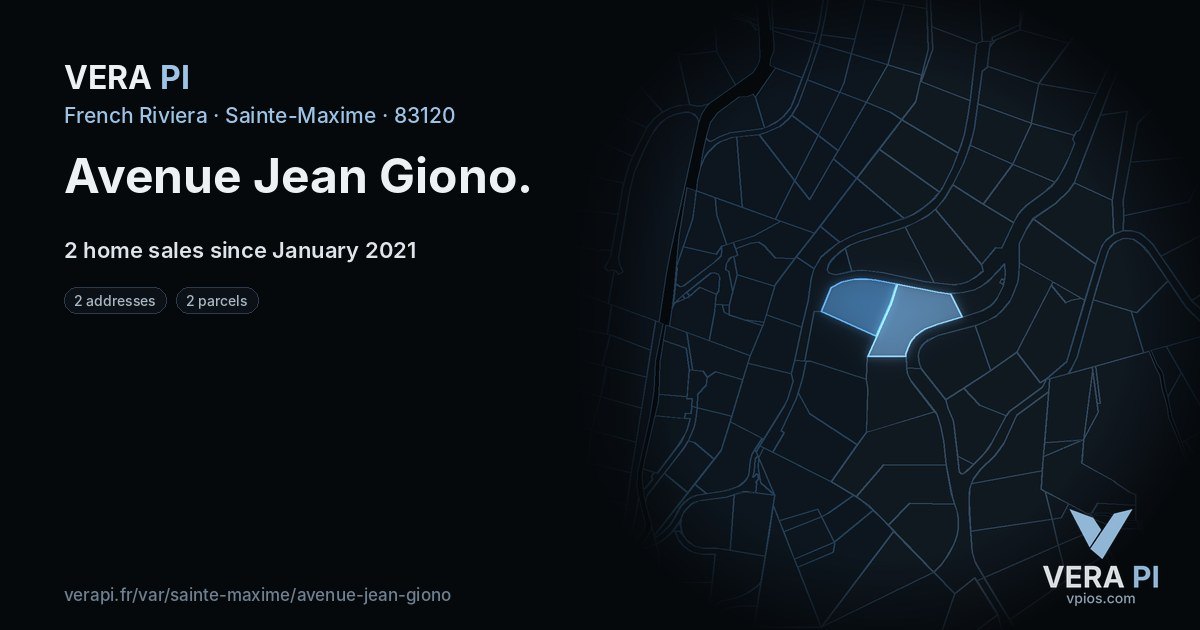 Avenue Jean Giono, Sainte-Maxime at night – every parcel coloured by the prices around it, the street's own parcels lit