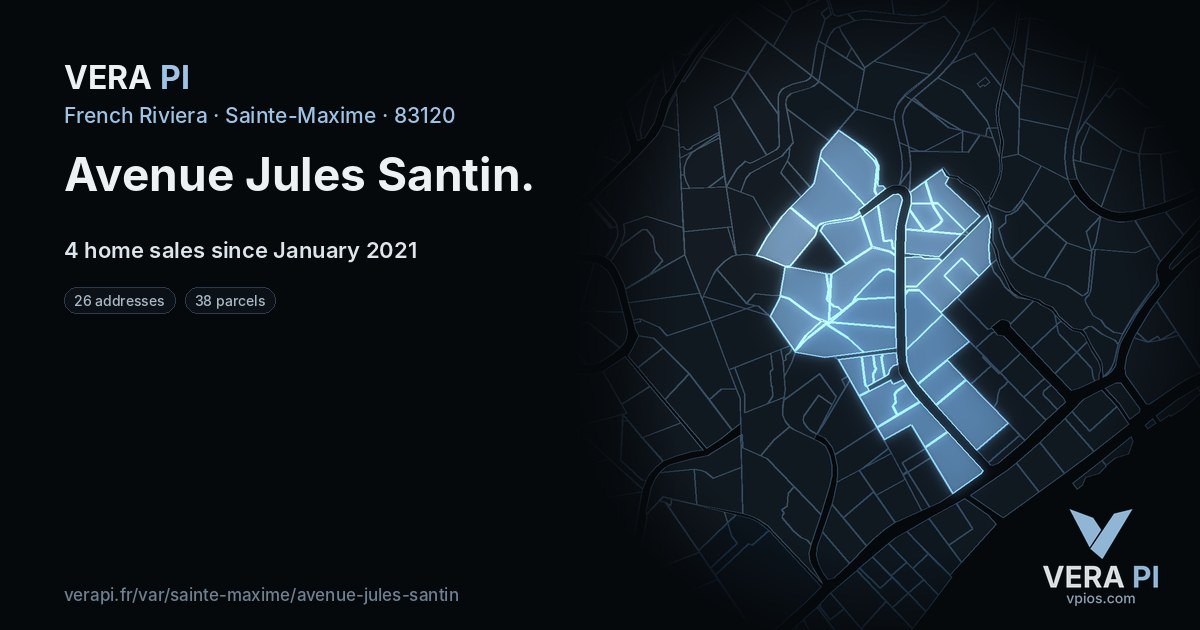 Avenue Jules Santin, Sainte-Maxime at night – every parcel coloured by the prices around it, the street's own parcels lit