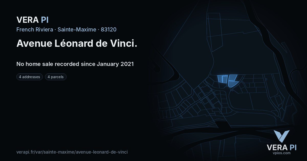Avenue Léonard de Vinci, Sainte-Maxime at night – every parcel coloured by the prices around it, the street's own parcels lit