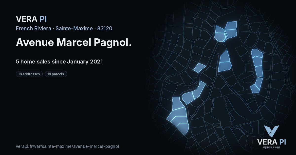 Avenue Marcel Pagnol, Sainte-Maxime at night – every parcel coloured by the prices around it, the street's own parcels lit