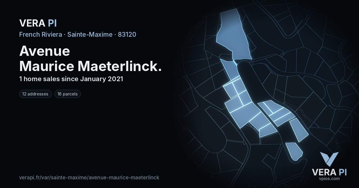 Avenue Maurice Maeterlinck, Sainte-Maxime at night – every parcel coloured by the prices around it, the street's own parcels lit
