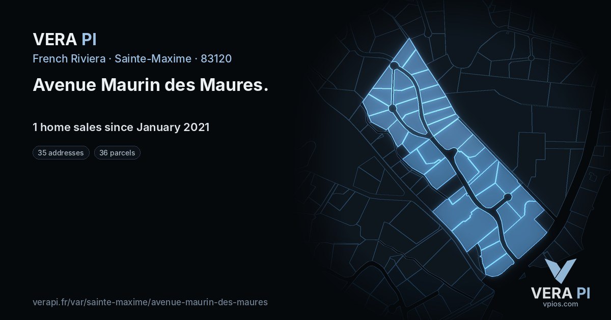 Avenue Maurin des Maures, Sainte-Maxime at night – every parcel coloured by the prices around it, the street's own parcels lit