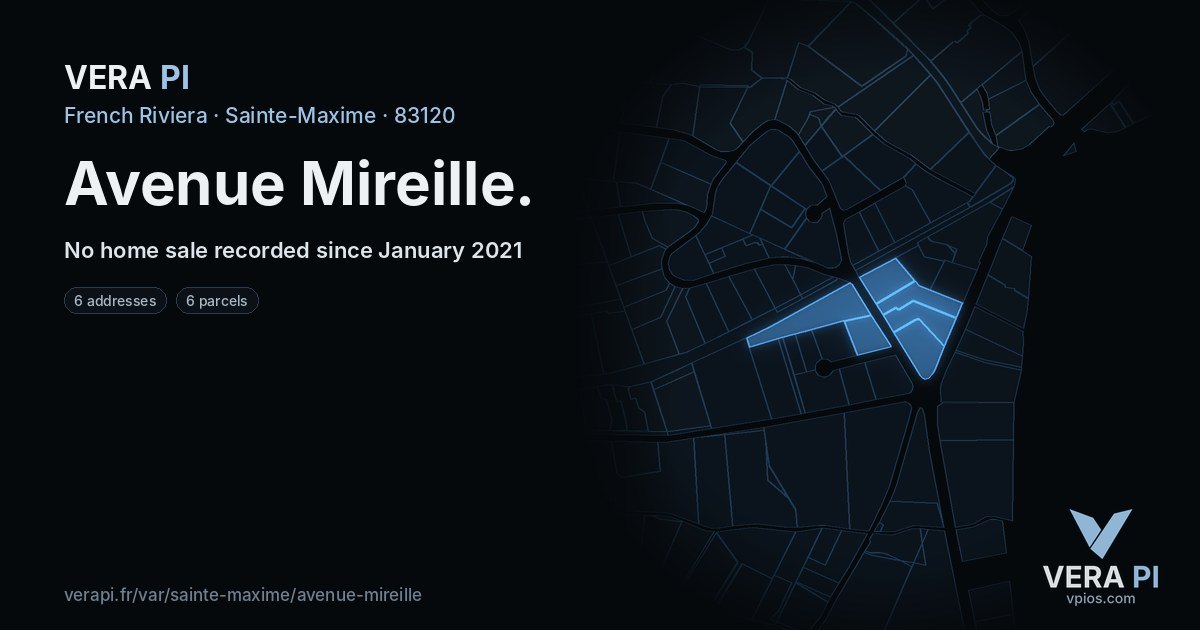 Avenue Mireille, Sainte-Maxime at night – every parcel coloured by the prices around it, the street's own parcels lit