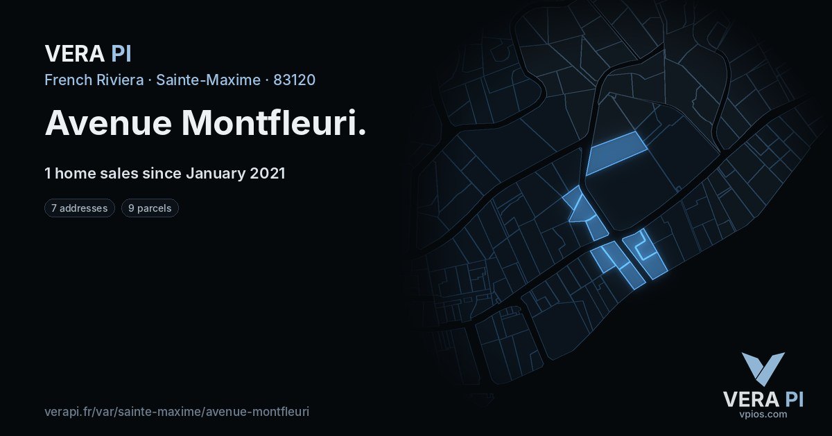 Avenue Montfleuri, Sainte-Maxime at night – every parcel coloured by the prices around it, the street's own parcels lit