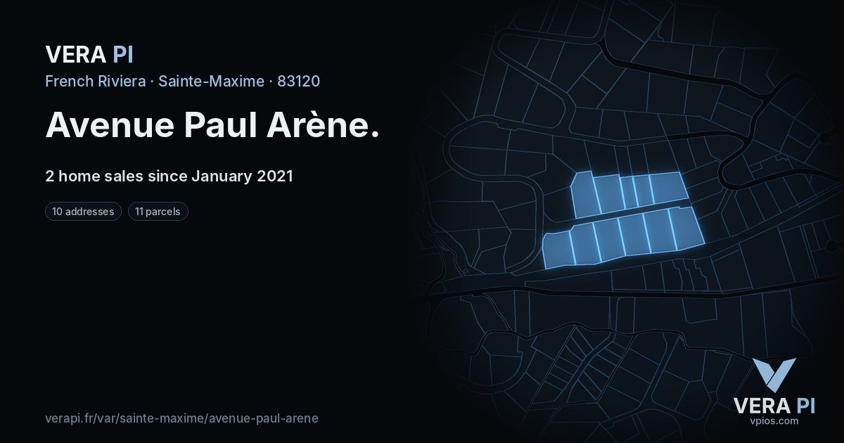 Avenue Paul Arène, Sainte-Maxime at night – every parcel coloured by the prices around it, the street's own parcels lit