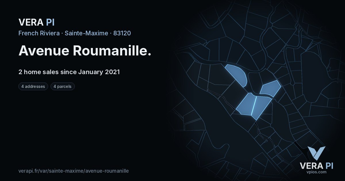 Avenue Roumanille, Sainte-Maxime at night – every parcel coloured by the prices around it, the street's own parcels lit