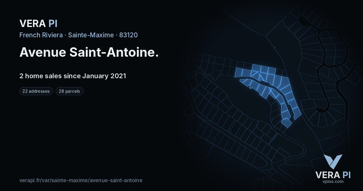 Avenue Saint-Antoine, Sainte-Maxime at night – every parcel coloured by the prices around it, the street's own parcels lit