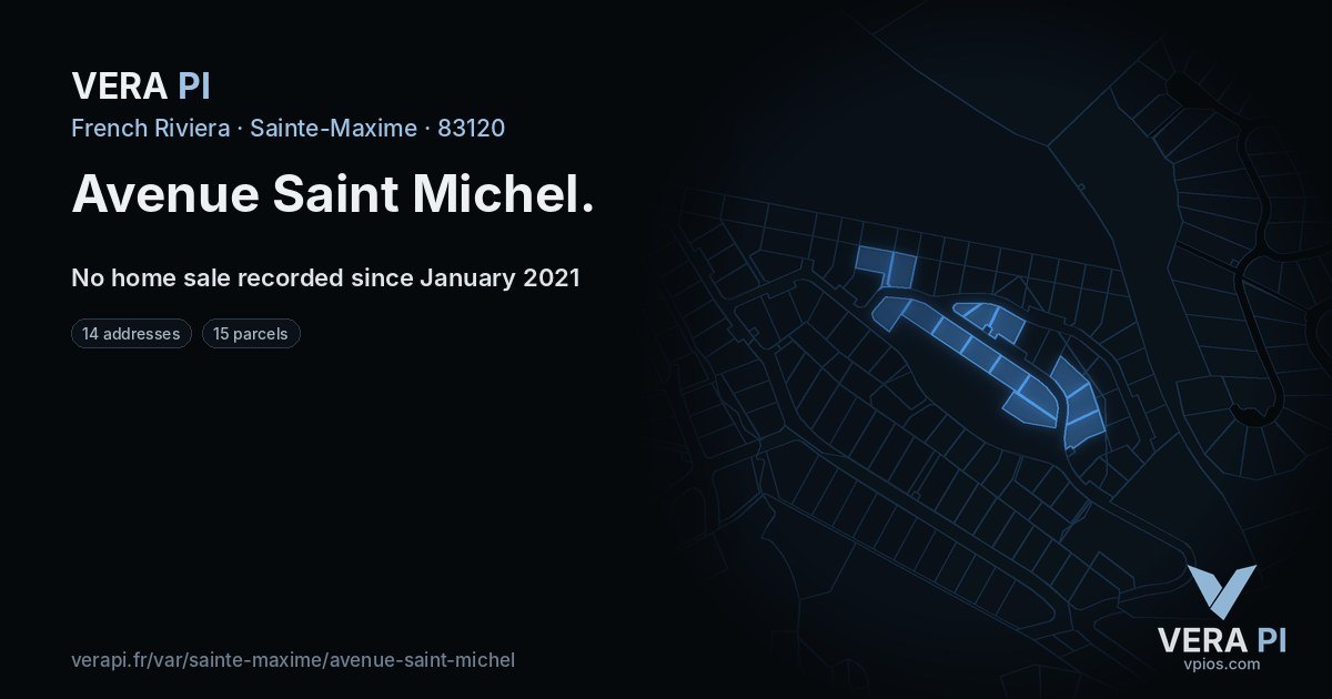 Avenue Saint Michel, Sainte-Maxime at night – every parcel coloured by the prices around it, the street's own parcels lit