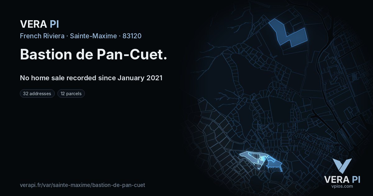 Bastion de Pan-Cuet, Sainte-Maxime at night – every parcel coloured by the prices around it, the street's own parcels lit