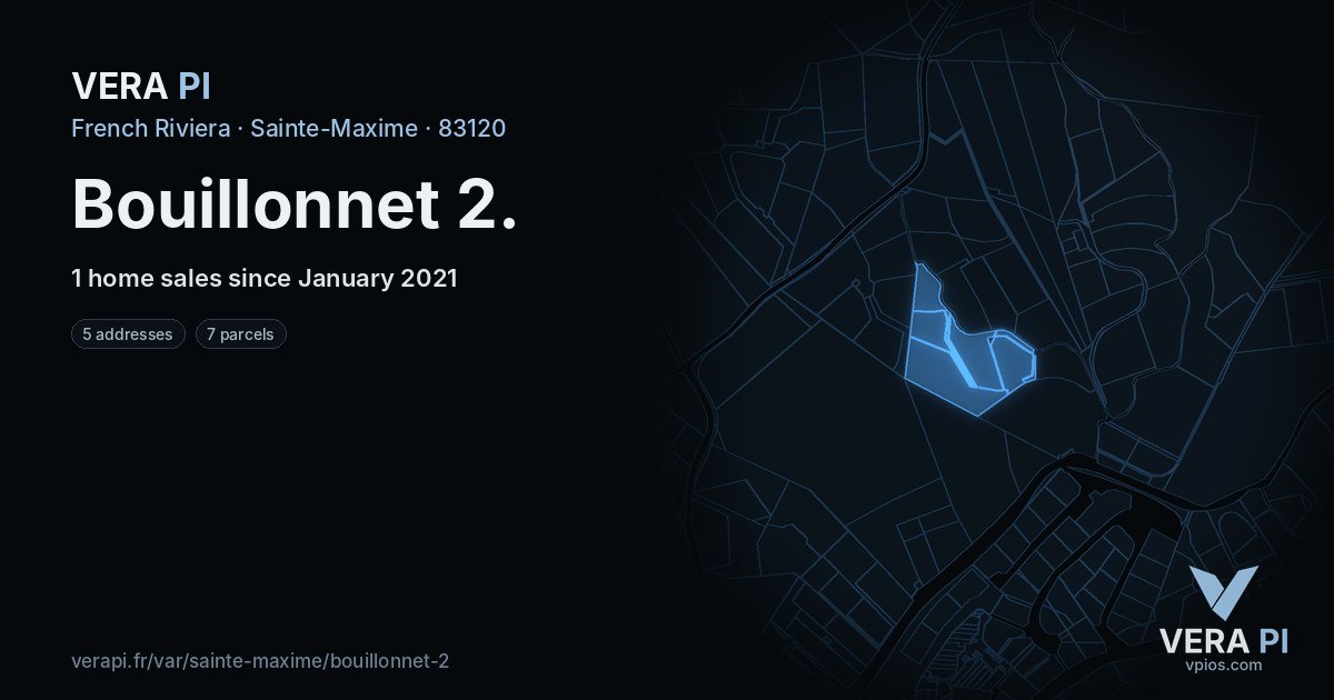 Bouillonnet 2, Sainte-Maxime at night – every parcel coloured by the prices around it, the street's own parcels lit