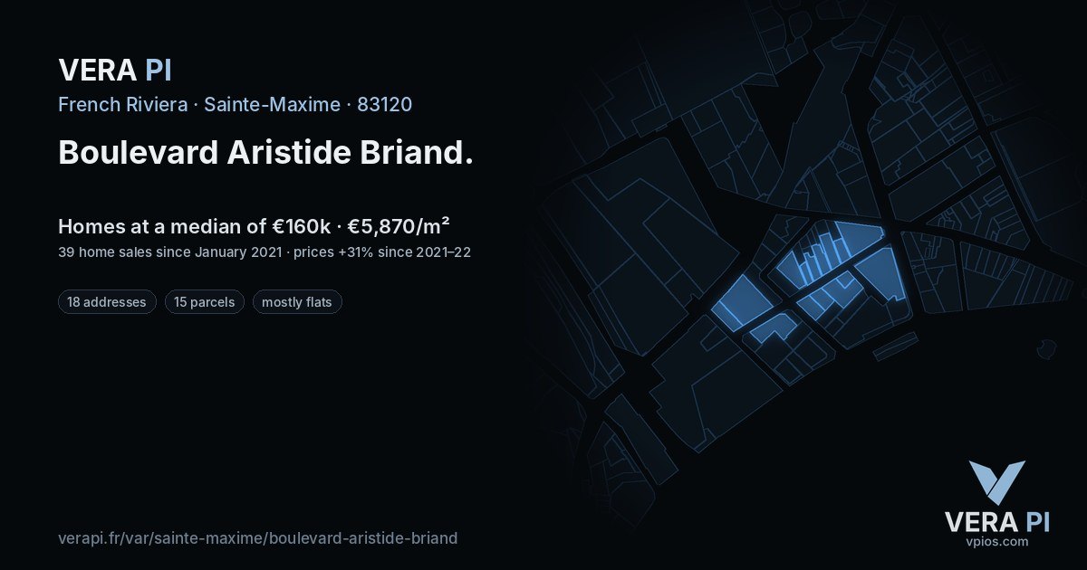 Boulevard Aristide Briand, Sainte-Maxime at night – every parcel coloured by the prices around it, the street's own parcels lit
