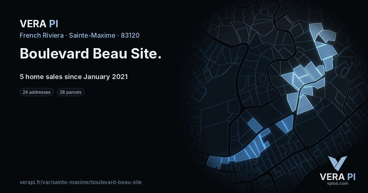 Boulevard Beau Site, Sainte-Maxime at night – every parcel coloured by the prices around it, the street's own parcels lit