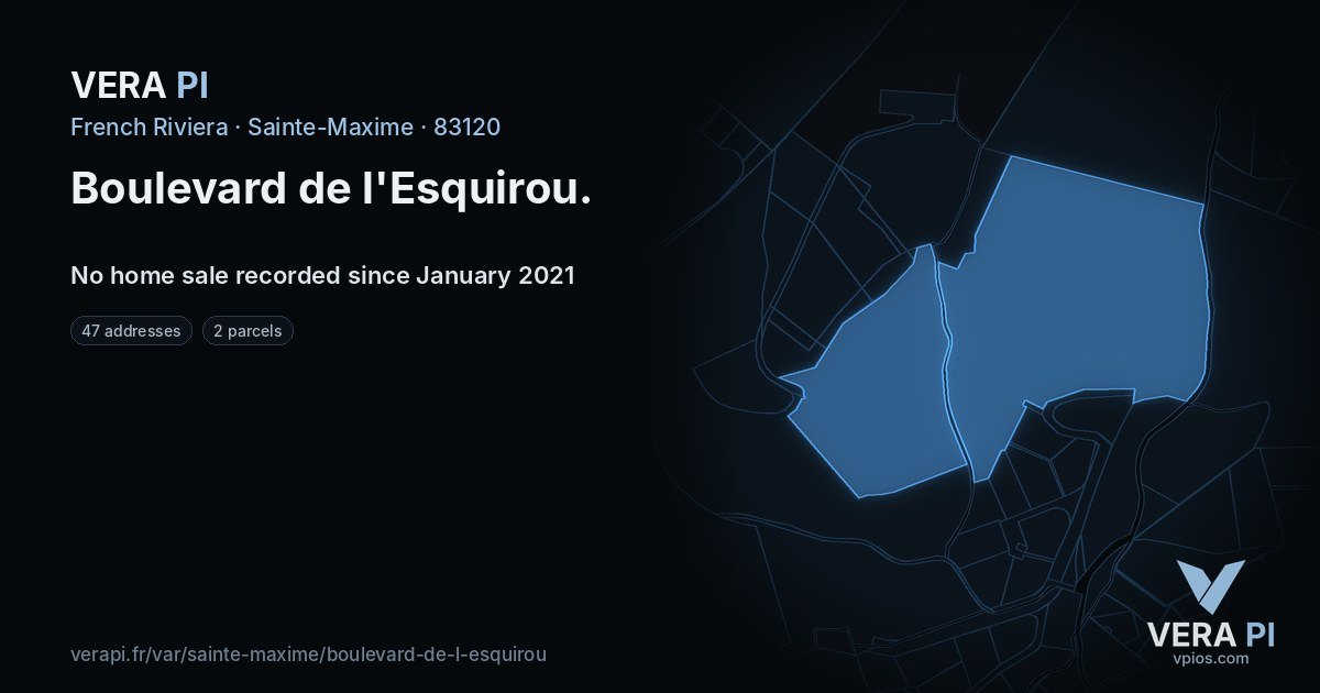 Boulevard de l'Esquirou, Sainte-Maxime at night – every parcel coloured by the prices around it, the street's own parcels lit