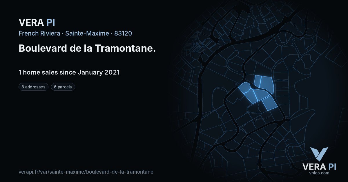 Boulevard de la Tramontane, Sainte-Maxime at night – every parcel coloured by the prices around it, the street's own parcels lit