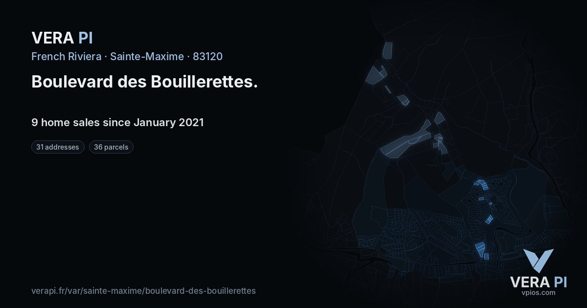 Boulevard des Bouillerettes, Sainte-Maxime at night – every parcel coloured by the prices around it, the street's own parcels lit