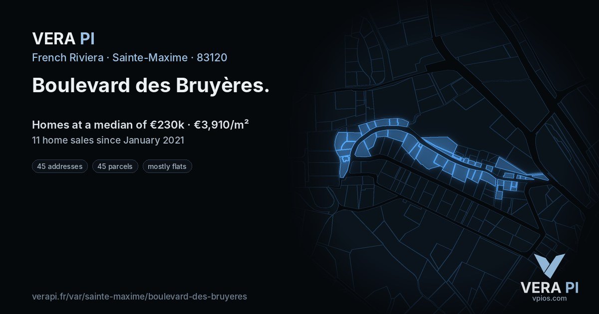 Boulevard des Bruyères, Sainte-Maxime at night – every parcel coloured by the prices around it, the street's own parcels lit