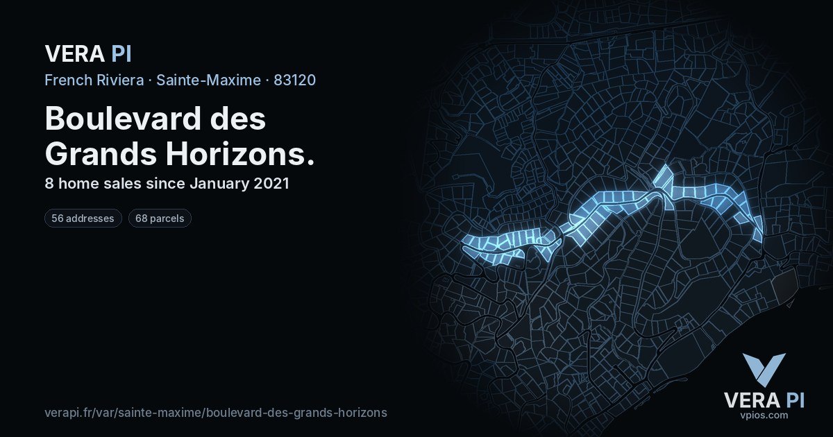 Boulevard des Grands Horizons, Sainte-Maxime at night – every parcel coloured by the prices around it, the street's own parcels lit