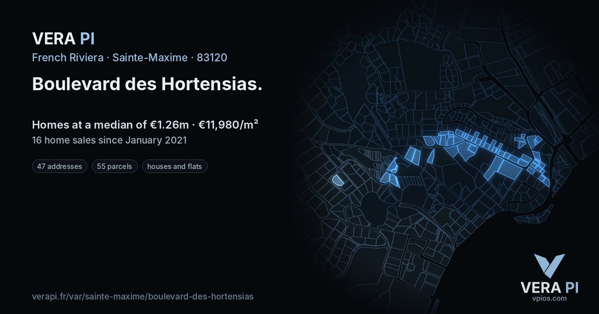 Boulevard des Hortensias, Sainte-Maxime at night – every parcel coloured by the prices around it, the street's own parcels lit