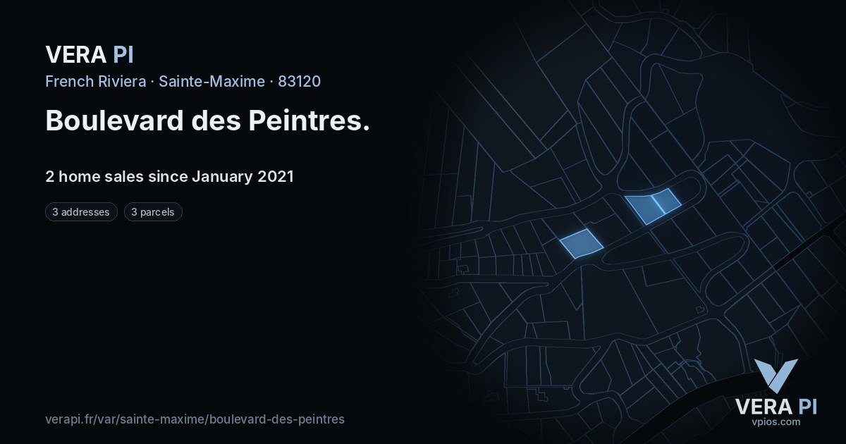 Boulevard des Peintres, Sainte-Maxime at night – every parcel coloured by the prices around it, the street's own parcels lit