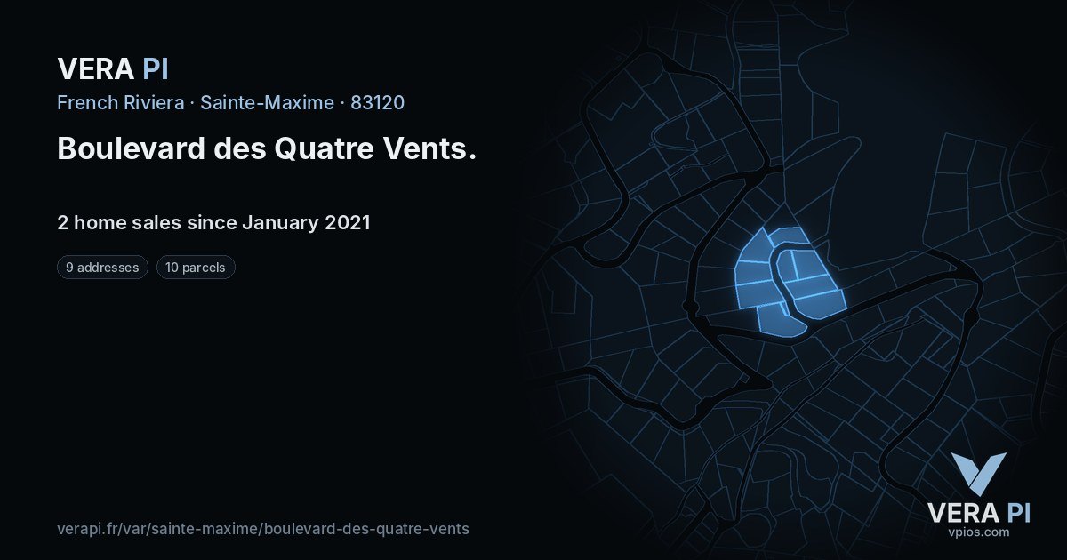 Boulevard des Quatre Vents, Sainte-Maxime at night – every parcel coloured by the prices around it, the street's own parcels lit