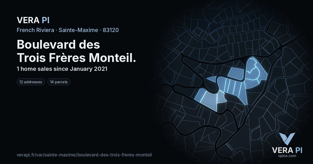 Boulevard des Trois Frères Monteil, Sainte-Maxime at night – every parcel coloured by the prices around it, the street's own parcels lit