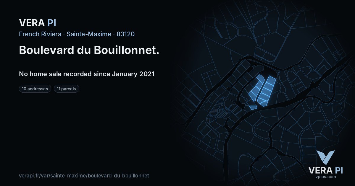 Boulevard du Bouillonnet, Sainte-Maxime at night – every parcel coloured by the prices around it, the street's own parcels lit